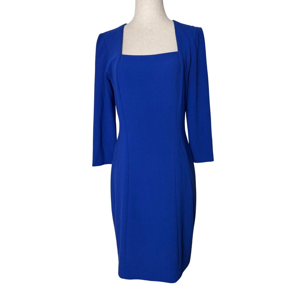 David Meister Royal Blue Square Neck Sheath Dress 3/4 Sleeve Size 2 Made in USA